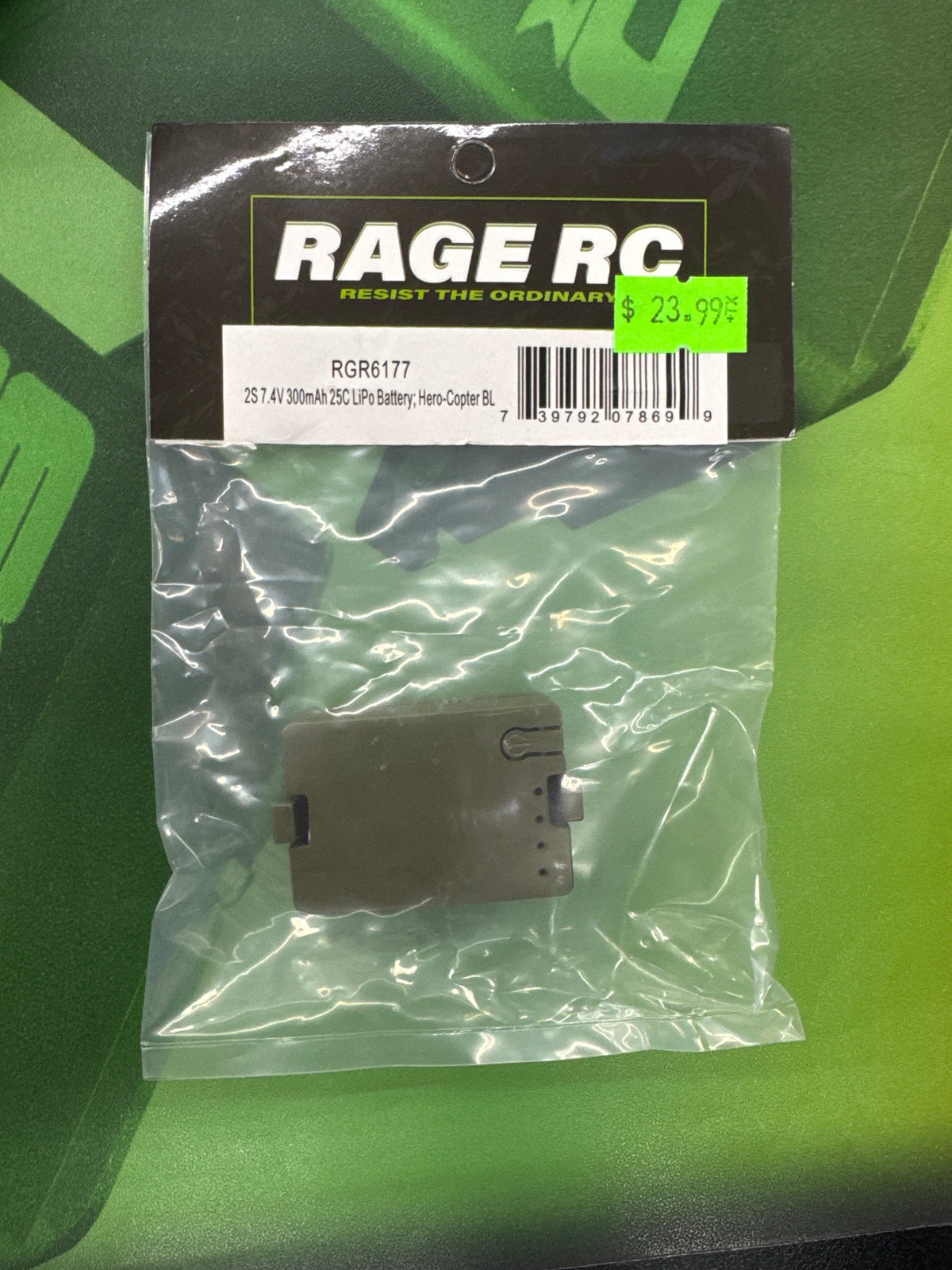 Rage RC 6177 2S 7.4V 300mAh 25C LiPo Battery, Green; Hero-Copter BL