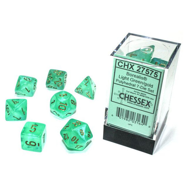 Chessex 27575 7-Set Cube Borealis Luminary Light Green with Gold Dice