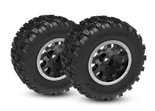 Traxxas 10771-STBLK Tires & wheels, assembled (black with satin beadlock wheels, Sledgehammer® tires) (front) (2)