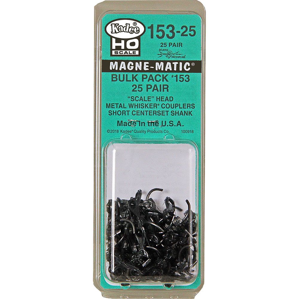 Kadee 153-25 HO Scale Bulk Pack - 25 pair #153 Scale Whisker® Metal Couplers - Short (1/4") Centerset Shank