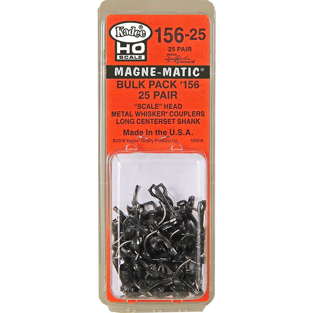 Kadee 156-25 HO Scale Bulk Pack - 25 pair # 156 "Scale" Whisker® Metal Couplers - Long ( 25/64") Centerset Shank