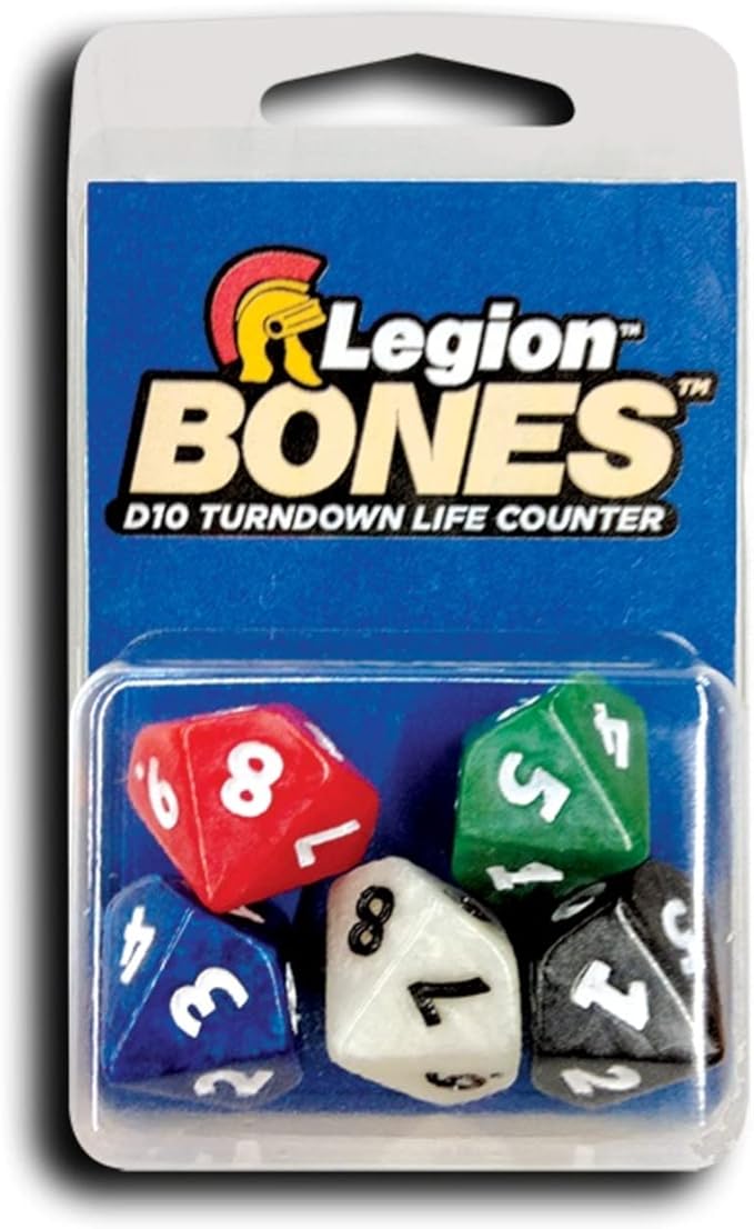 Legion Supplies BNS650 d10 Bones Turndown (5) 10 sided turndown dice. One Black, Blue, Green, Red, and White die per pack