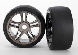 Traxxas 6477 Tires & wheels, assembled, glued ( split-spoke, black chrome wheels, slick tires ( S1 compound), foam inserts) ( rear) (2)