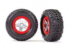 Traxxas 7073A Tires & wheels, assembled, glued (SCT satin chrome wheels, red beadlock style, SCT off-road racing tires, foam inserts) (1 each, right & left)