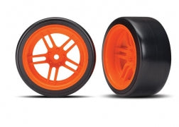 Traxxas 8377A Tires and wheels, assembled, glued (split-spoke orange wheels, 1.9' Drift tires) ( rear)