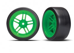Traxxas 8377G Tires and wheels, assembled, glued (split-spoke green wheels, 1.9' Drift tires) ( rear)