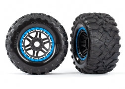 Traxxas 8972A Tires & wheels, assembled, glued (black, blue beadlock style wheels, Maxx® MT tires, foam inserts) (2) (17mm splined) (TSM® rated)