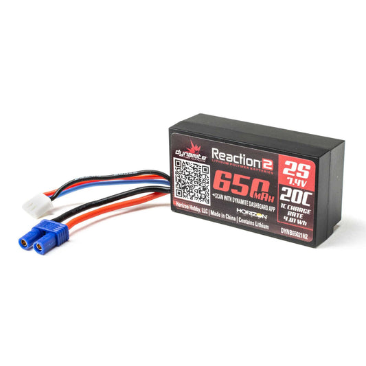 Dynamite B65021H2 Reaction 2 7.4V 650mAh 2S 20C LiPo, Hardcase, EC2