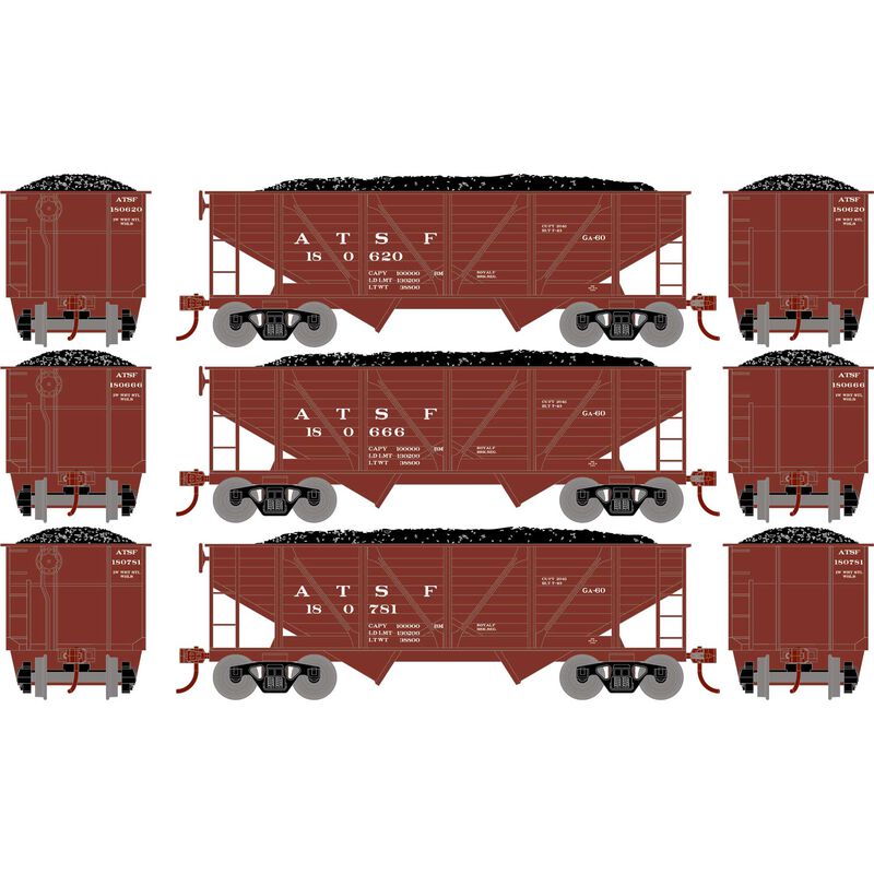 Roundhouse 70801 HO 34' 2-Bay Composite Coal Hopper w/Load, ATSF(3)