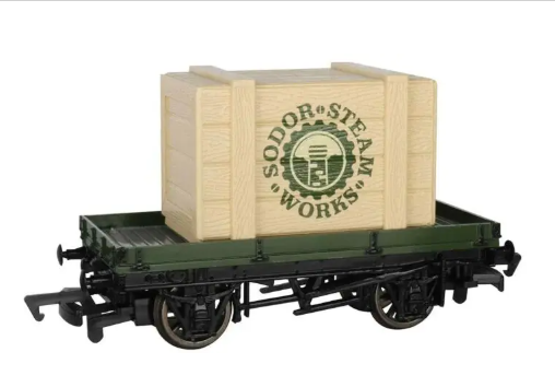 Bachmann 77404 Flatcar (Plank Wagon) - Ready to Run - Thomas and Friends(TM) -- With Sodor Steam Works Crate Load (red, black)