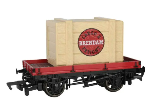 Bachmann 77402 Flatcar (Plank Wagon) - Ready to Run - Thomas and Friends(TM) -- With Brendam Cargo & Freight Crate Load (maroon, black)