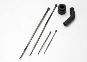 Traxxas 5245X Pipe coupler, molded (black)/ exhaust deflecter ( rubber, black)/ cable ties, long (2)/ cable ties, short (2)