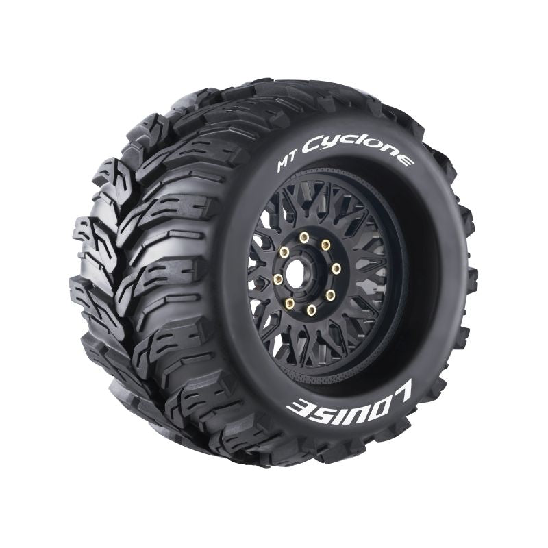 Louise R/C LT3220X - MT-CYCLONE - 1-8 Monster Truck Tire Set - Mounted - Sport - Black Wheels - Removable 0" & 1/2" OFFSET HEX 17mm - L-T3220X