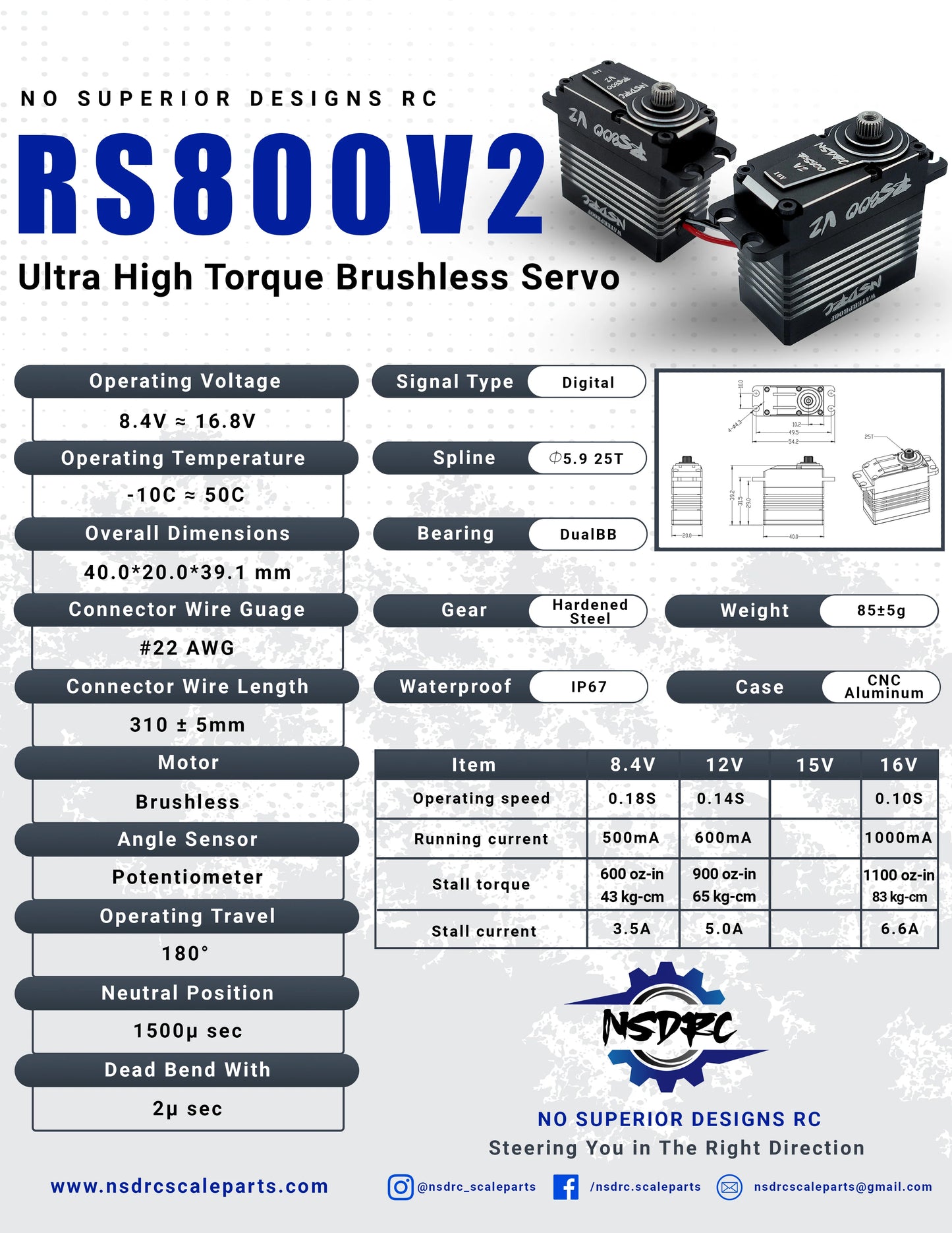 NSDRC RS800 V2 Ultra High Torque Brushless Servo (High Voltage)